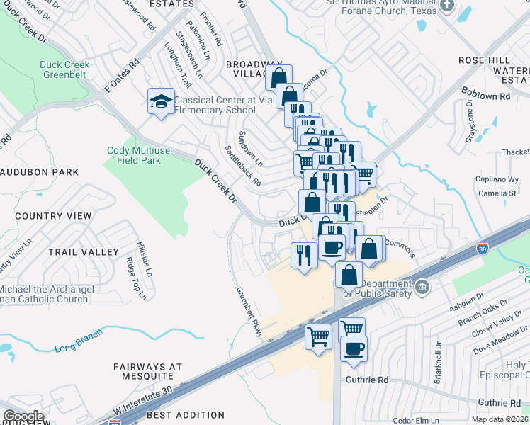 map of restaurants, bars, coffee shops, grocery stores, and more near 6202 Duck Creek Drive in Garland