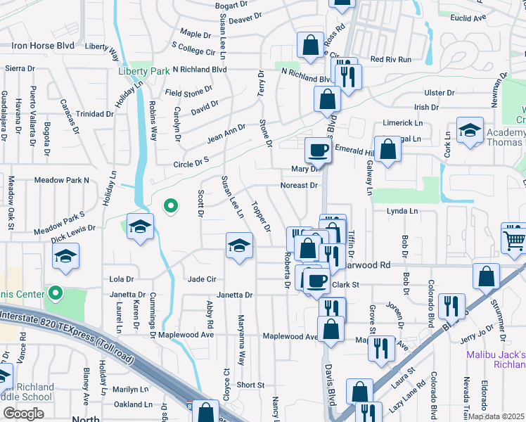 map of restaurants, bars, coffee shops, grocery stores, and more near 5404 Topper Drive in North Richland Hills