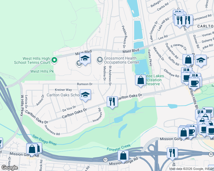 map of restaurants, bars, coffee shops, grocery stores, and more near 8743 Rumson Drive in Santee