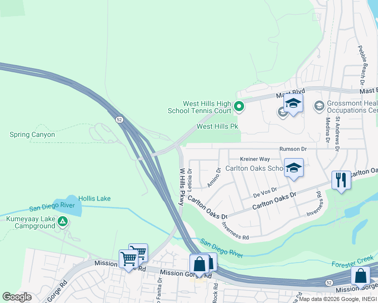 map of restaurants, bars, coffee shops, grocery stores, and more near 8305 Rumson Drive in Santee