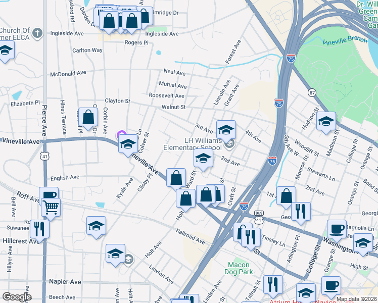 map of restaurants, bars, coffee shops, grocery stores, and more near 159 Forest Ave in Macon