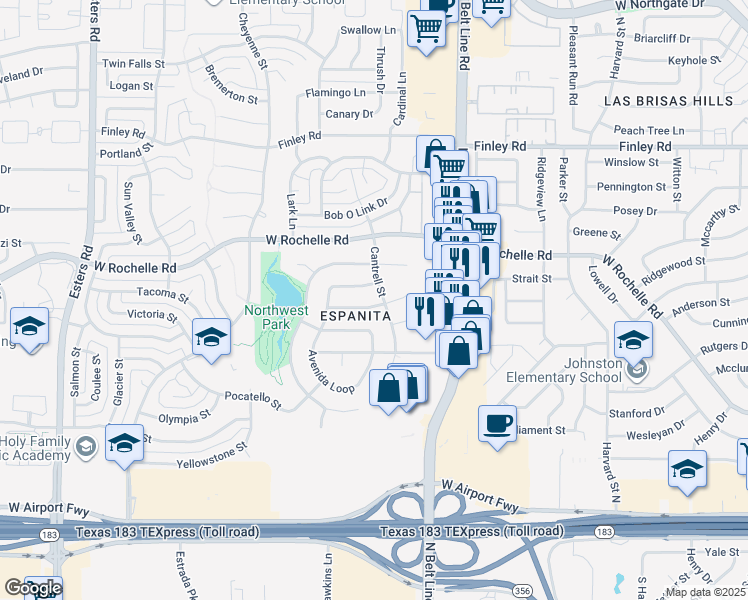 map of restaurants, bars, coffee shops, grocery stores, and more near 3505 Esplendor Avenue in Irving