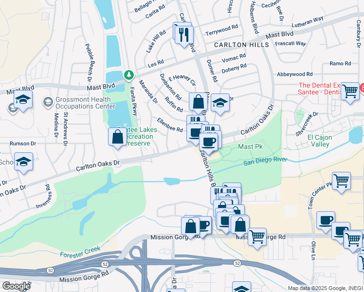 map of restaurants, bars, coffee shops, grocery stores, and more near 9301 Darcy Court in Santee