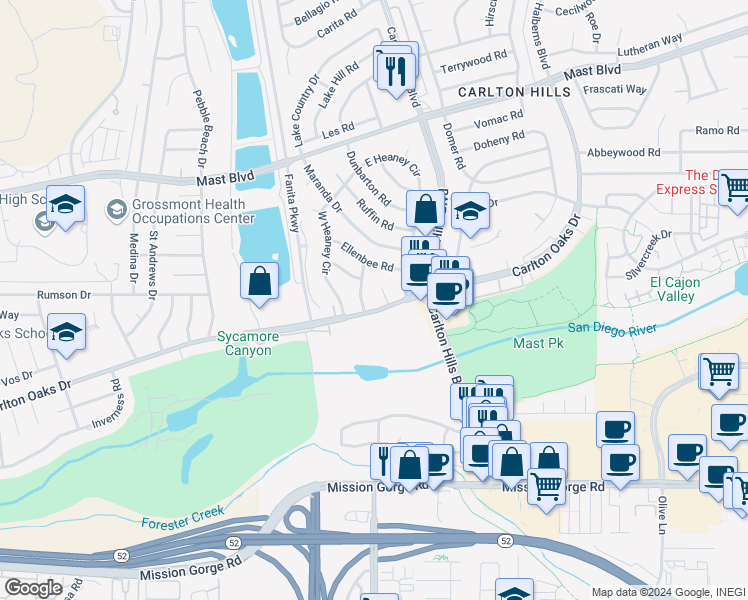 map of restaurants, bars, coffee shops, grocery stores, and more near 9230 Carlton Oaks Drive in Santee