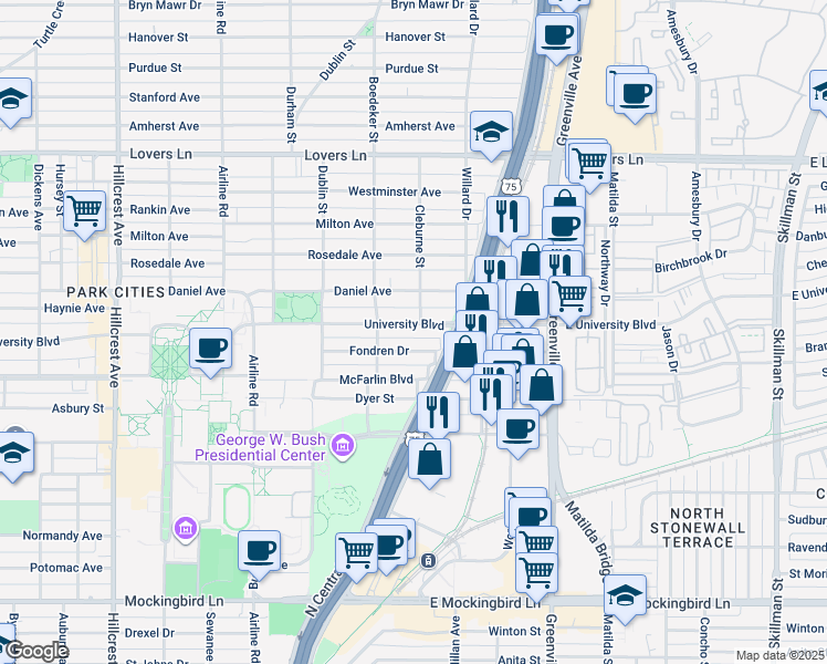 map of restaurants, bars, coffee shops, grocery stores, and more near 2833 University Boulevard in Dallas