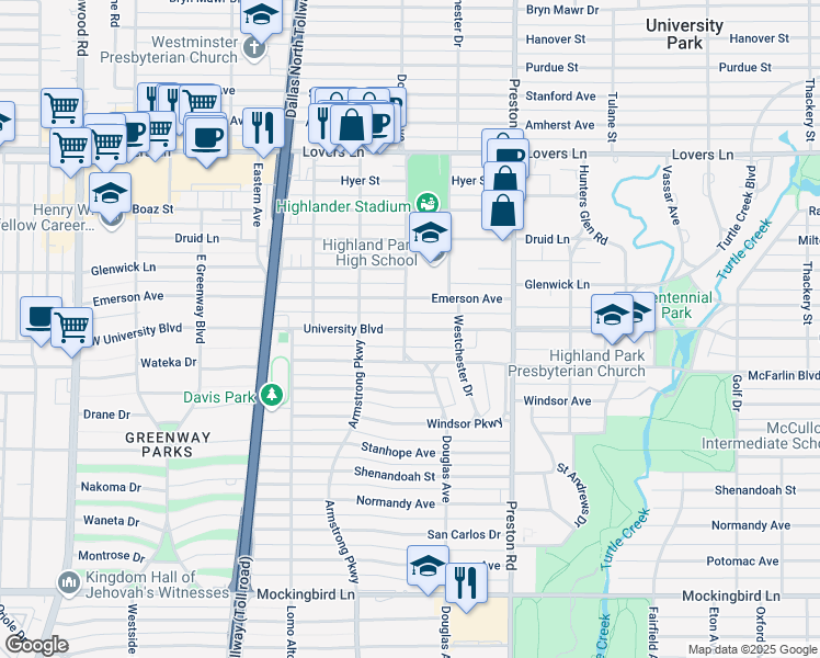 map of restaurants, bars, coffee shops, grocery stores, and more near 4246 University Boulevard in Dallas