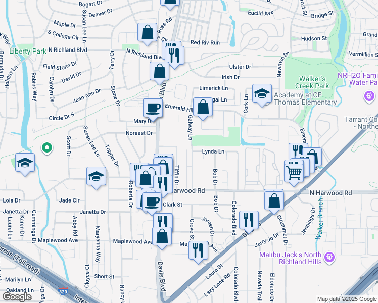 map of restaurants, bars, coffee shops, grocery stores, and more near 5353 Northridge Boulevard in Fort Worth