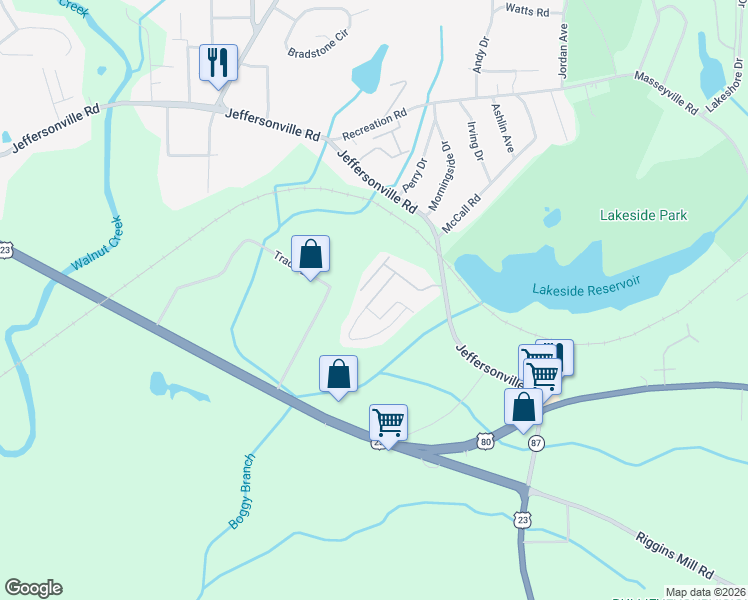 map of restaurants, bars, coffee shops, grocery stores, and more near 1st Street in Macon