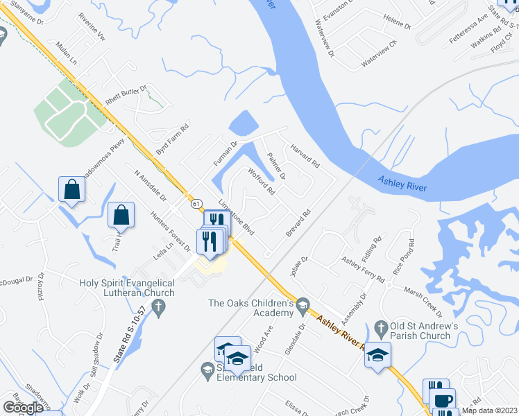 map of restaurants, bars, coffee shops, grocery stores, and more near 2841 South Palmer Drive in Charleston