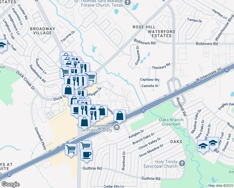 map of restaurants, bars, coffee shops, grocery stores, and more near 849 Castleglen Drive in Garland