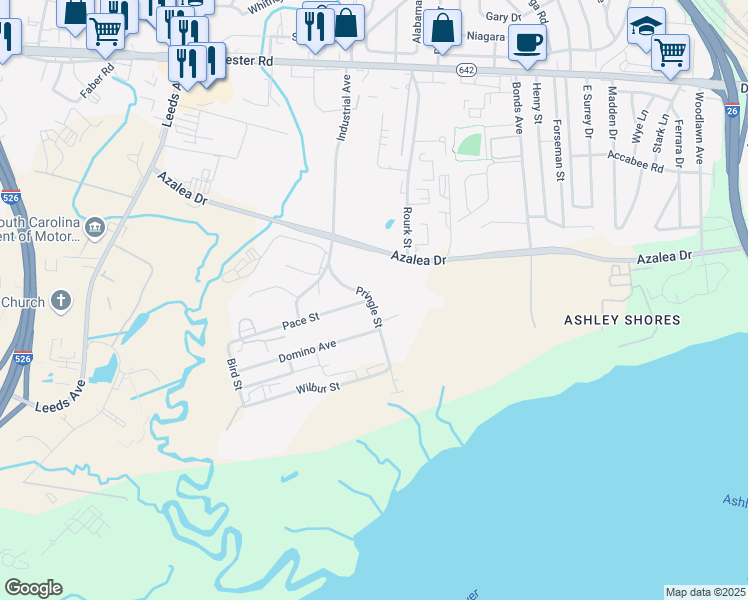 map of restaurants, bars, coffee shops, grocery stores, and more near 2824 Pringle Street in North Charleston