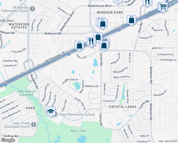 map of restaurants, bars, coffee shops, grocery stores, and more near 5609 Lyons Road in Garland