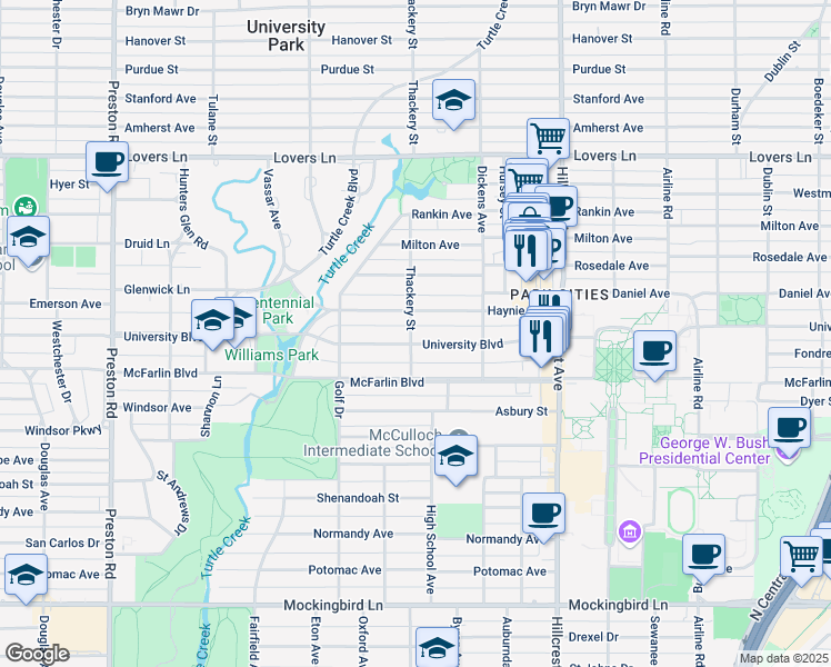 map of restaurants, bars, coffee shops, grocery stores, and more near 3536 University Boulevard in Dallas