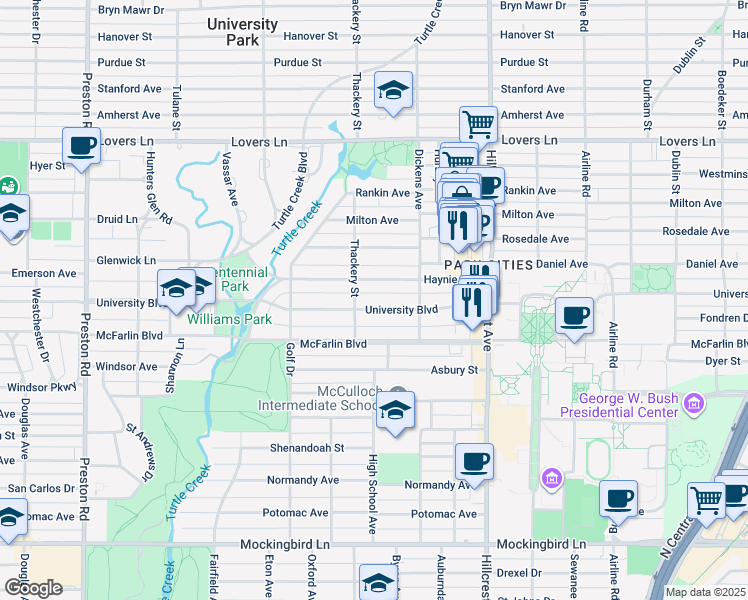 map of restaurants, bars, coffee shops, grocery stores, and more near 3536 University Boulevard in Dallas