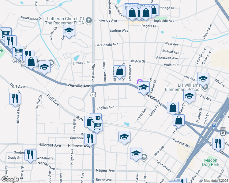 map of restaurants, bars, coffee shops, grocery stores, and more near 155 Oak Haven Avenue in Macon
