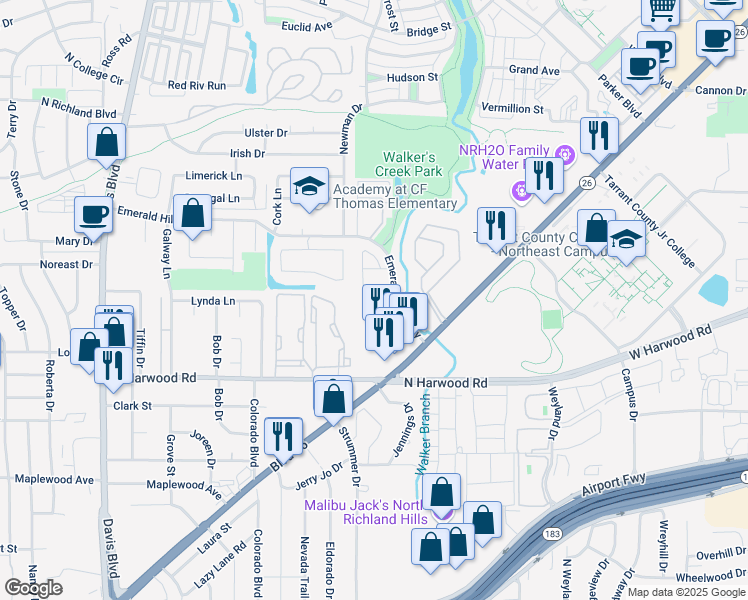 map of restaurants, bars, coffee shops, grocery stores, and more near 8500 Emerald Hills Way in North Richland Hills