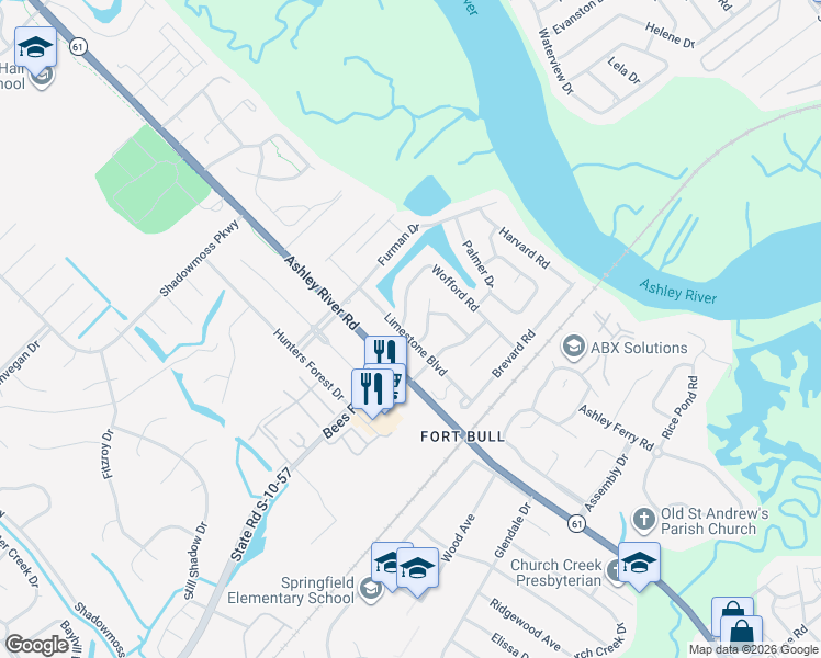 map of restaurants, bars, coffee shops, grocery stores, and more near 2306 Wofford Road in Charleston