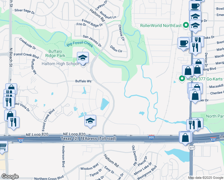 map of restaurants, bars, coffee shops, grocery stores, and more near 5400 Haltom Road in Haltom City