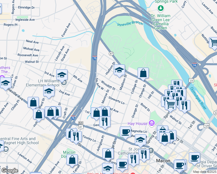 map of restaurants, bars, coffee shops, grocery stores, and more near 209 Monroe Street in Macon