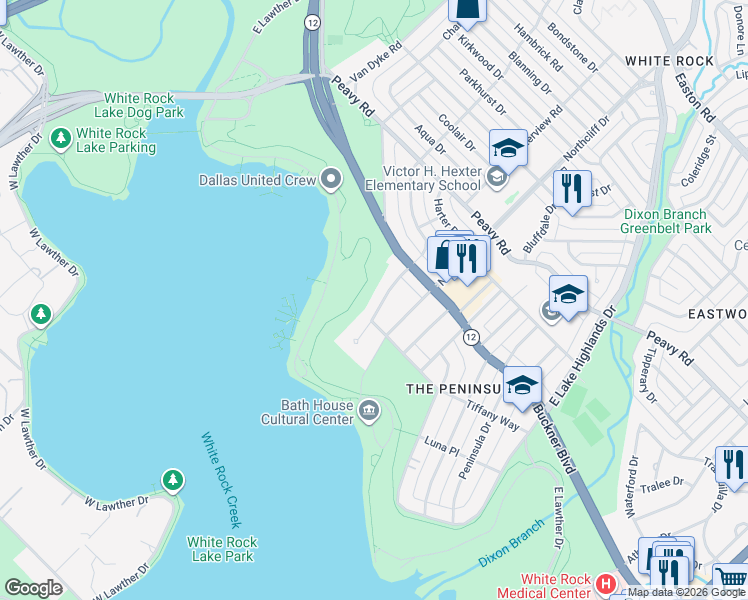 map of restaurants, bars, coffee shops, grocery stores, and more near 9417 Waterview Road in Dallas