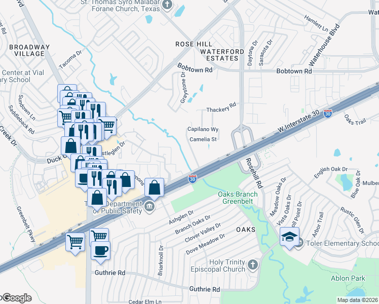 map of restaurants, bars, coffee shops, grocery stores, and more near 241 West Interstate 30 in Garland