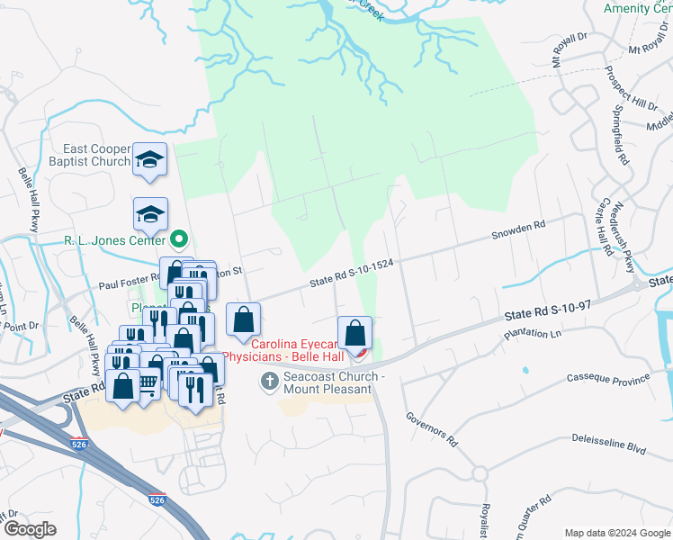 map of restaurants, bars, coffee shops, grocery stores, and more near 1604 Snowden Road in Mount Pleasant
