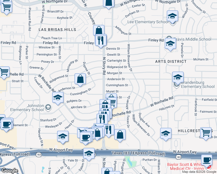 map of restaurants, bars, coffee shops, grocery stores, and more near 2821 North Story Road in Irving