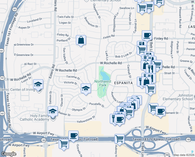 map of restaurants, bars, coffee shops, grocery stores, and more near 2802 Cheyenne Street in Irving