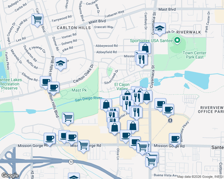 map of restaurants, bars, coffee shops, grocery stores, and more near 113 River Rock Court in Santee