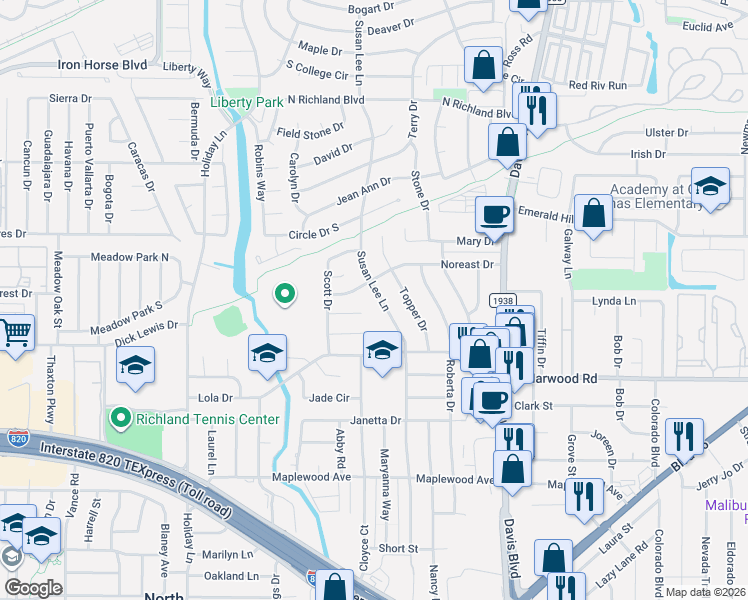 map of restaurants, bars, coffee shops, grocery stores, and more near 5416 Susan Lee Lane in Fort Worth