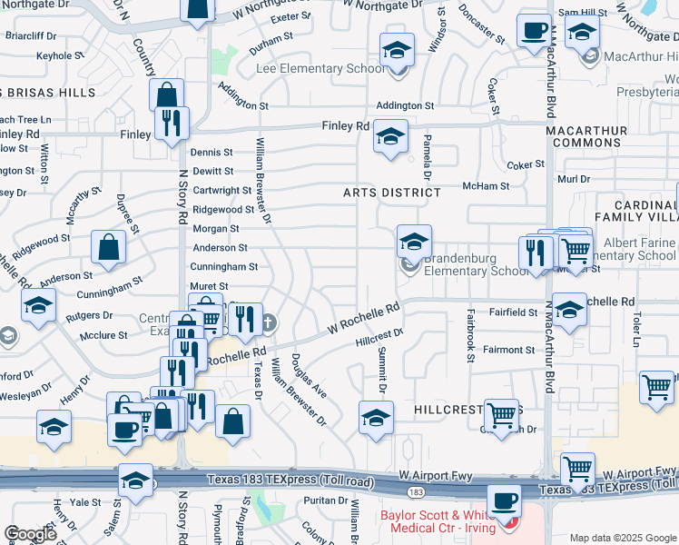 map of restaurants, bars, coffee shops, grocery stores, and more near 1814 Cunningham Street in Irving