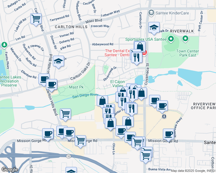 map of restaurants, bars, coffee shops, grocery stores, and more near 113 River Rock Court in Santee