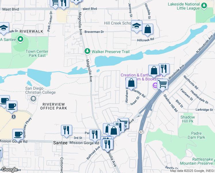 map of restaurants, bars, coffee shops, grocery stores, and more near 9255 Magnolia Avenue in Santee