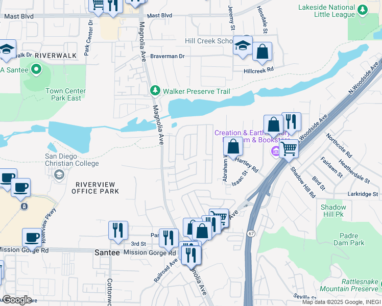 map of restaurants, bars, coffee shops, grocery stores, and more near 9255 North Magnolia Avenue in Santee