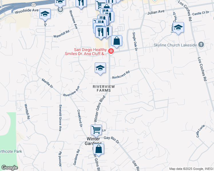 map of restaurants, bars, coffee shops, grocery stores, and more near 12104 Cimbria Way in Lakeside