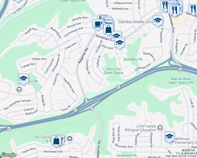map of restaurants, bars, coffee shops, grocery stores, and more near 5630 Scripps Street in San Diego