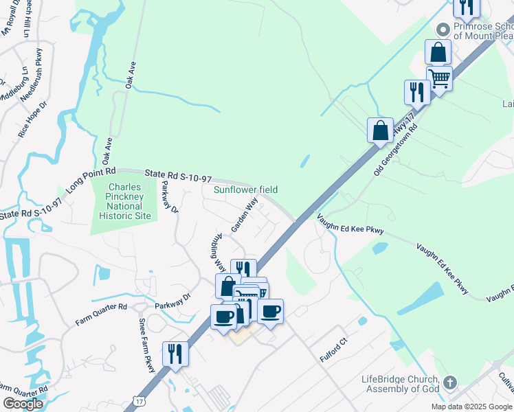 map of restaurants, bars, coffee shops, grocery stores, and more near 1107 Astor Drive in Mount Pleasant