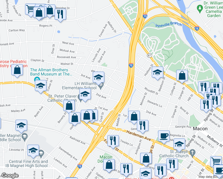 map of restaurants, bars, coffee shops, grocery stores, and more near 1759 3rd Avenue in Macon