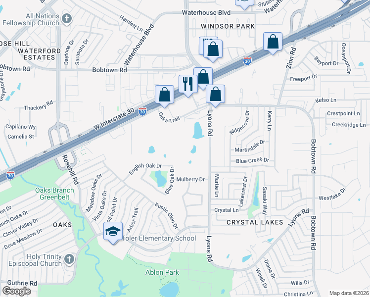 map of restaurants, bars, coffee shops, grocery stores, and more near 5609 Lyons Road in Garland