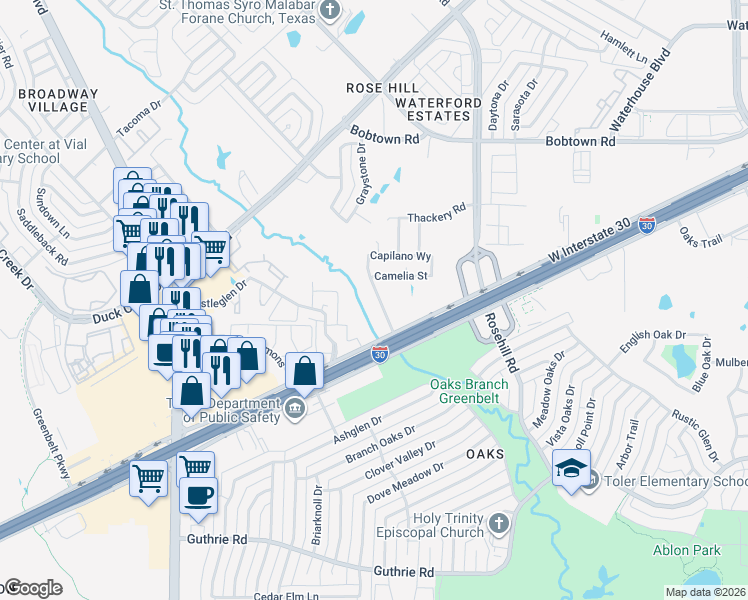 map of restaurants, bars, coffee shops, grocery stores, and more near 241 West Interstate 30 in Garland