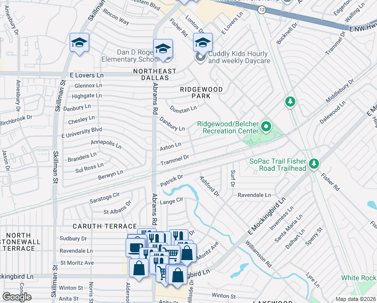 map of restaurants, bars, coffee shops, grocery stores, and more near 6475 Trammel Drive in Dallas