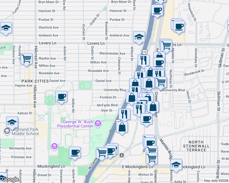 map of restaurants, bars, coffee shops, grocery stores, and more near 2833 University Boulevard in Dallas
