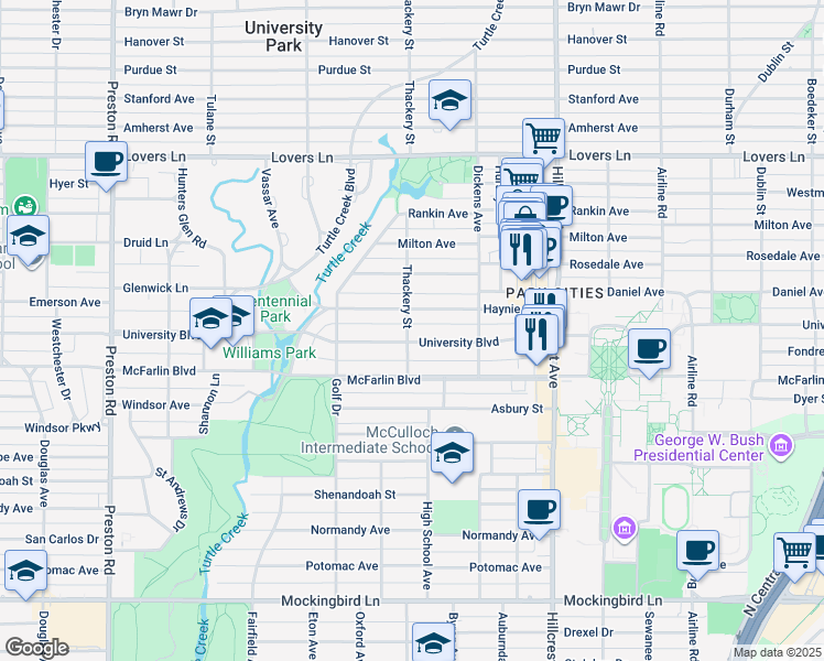 map of restaurants, bars, coffee shops, grocery stores, and more near 3536 University Boulevard in Dallas