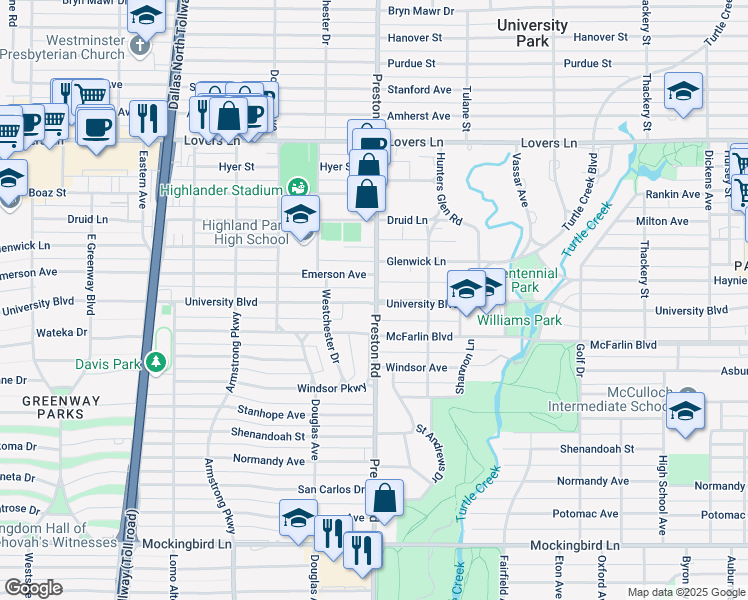 map of restaurants, bars, coffee shops, grocery stores, and more near 4034 University Boulevard in Dallas