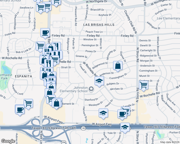 map of restaurants, bars, coffee shops, grocery stores, and more near 2837 Lowell Drive in Irving