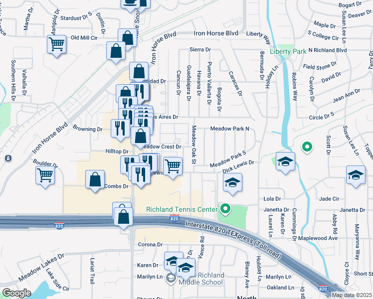 map of restaurants, bars, coffee shops, grocery stores, and more near 6898 Meadow Crest Drive in North Richland Hills