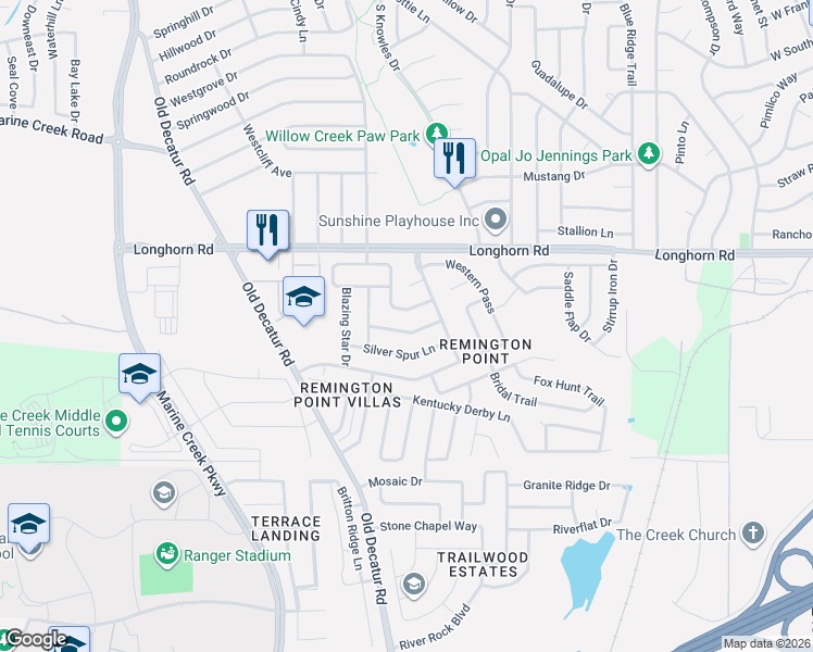 map of restaurants, bars, coffee shops, grocery stores, and more near 1052 Triple Crown Drive in Fort Worth