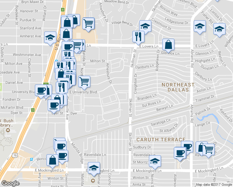 map of restaurants, bars, coffee shops, grocery stores, and more near 4801 Amesbury Drive in Dallas