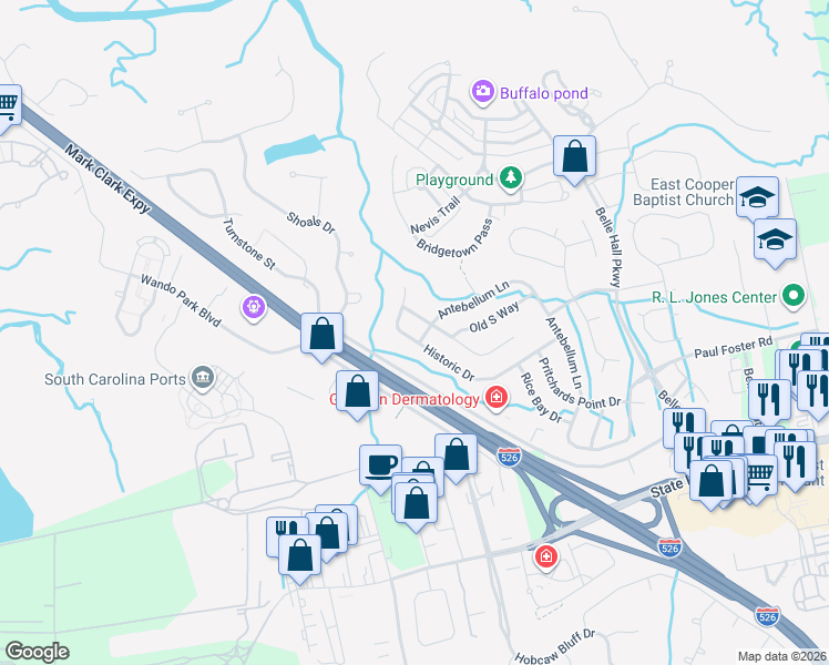 map of restaurants, bars, coffee shops, grocery stores, and more near 148 Historic Drive in Mount Pleasant