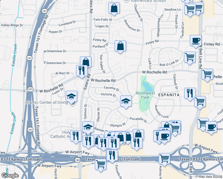 map of restaurants, bars, coffee shops, grocery stores, and more near 4016 Tacoma Street in Irving
